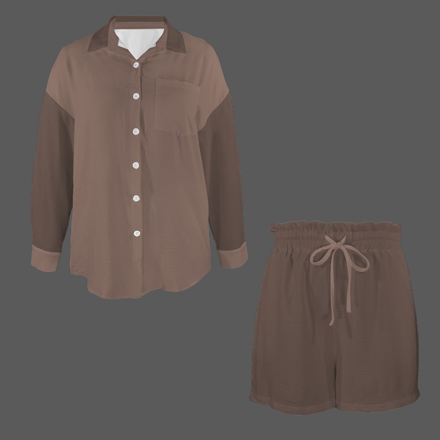 Long Sleeve Button Down Shirt & Drawstring Pocket Shorts Mocha