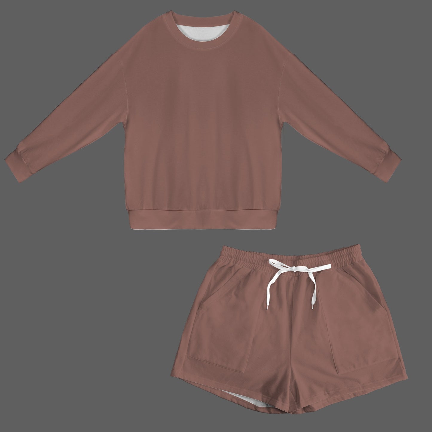 Chocolate Long Sleeve Fleece Sweatshirt & Drawstring Shorts Set