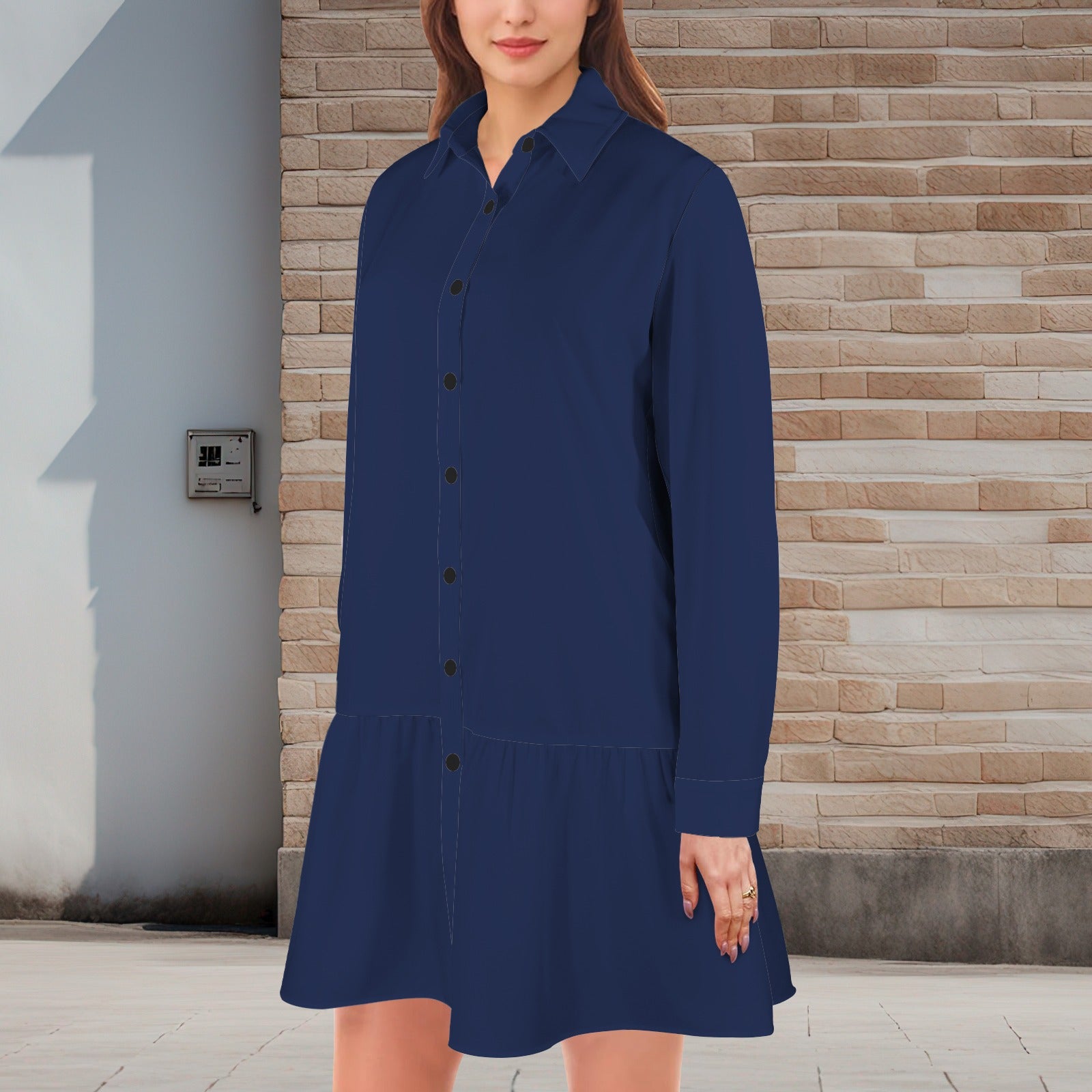 Night Blue Lapel Button Long Sleeve Pleated Shirt Dress