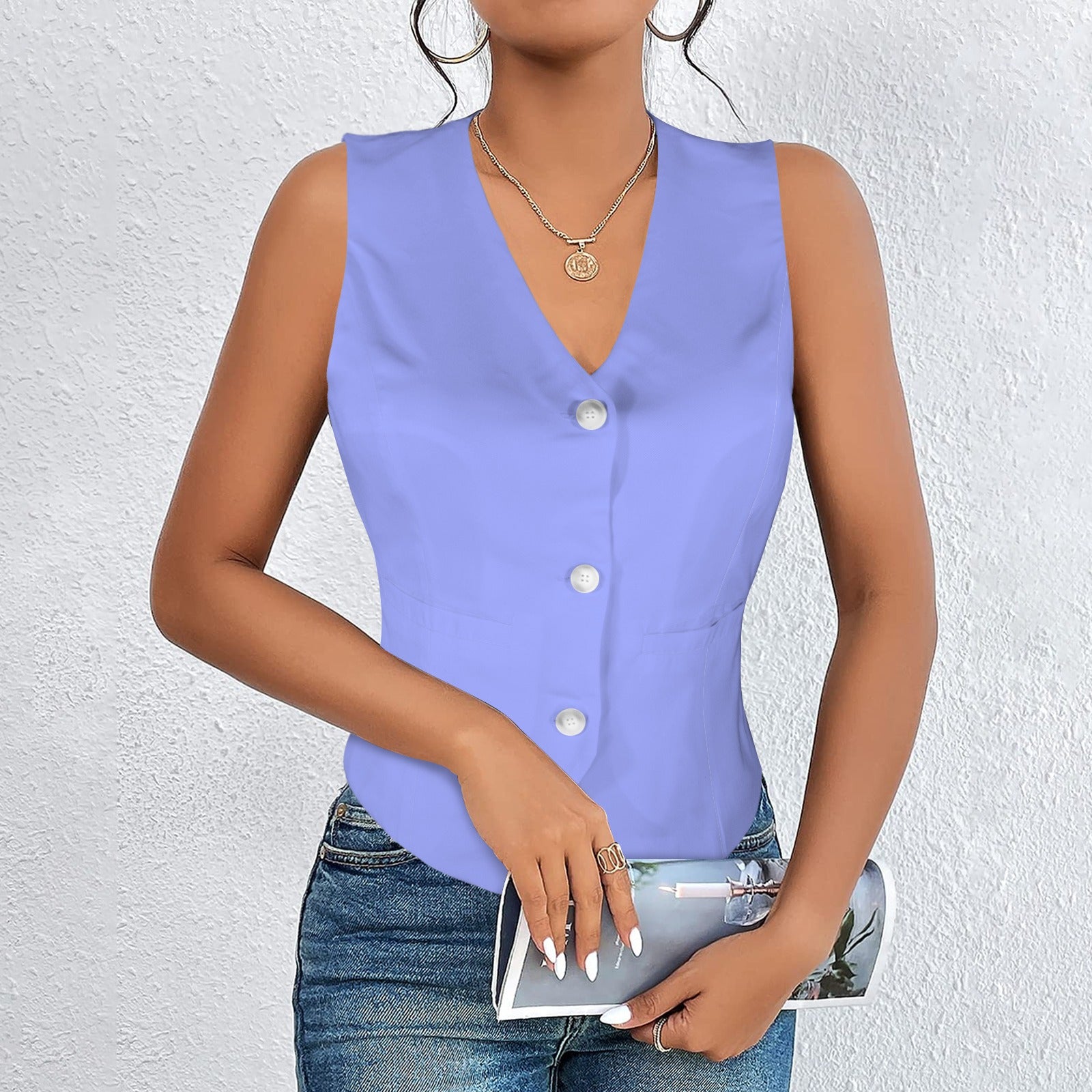 V-Neck Sleeveless Button Pocket Vest Periwinkle