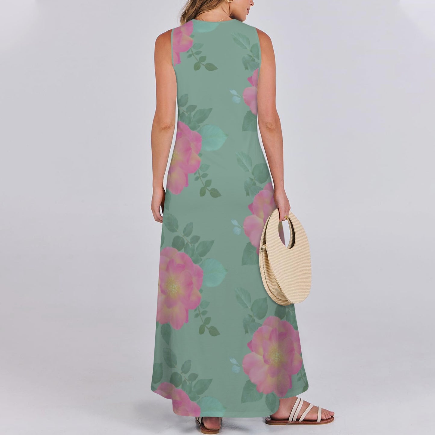 Sleeveless Maxi Dress Roses Dusted Green