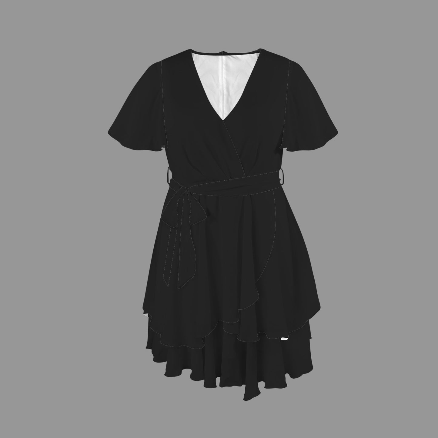 V-Neck Waist Tie Ruffle Hem Casual Dress Black