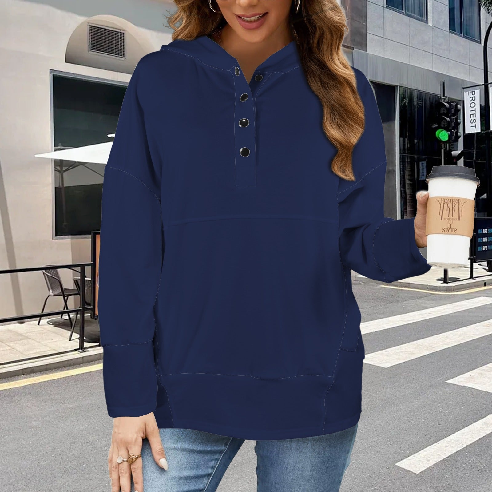 Button V Neck Pocket Hoodies Night Blue