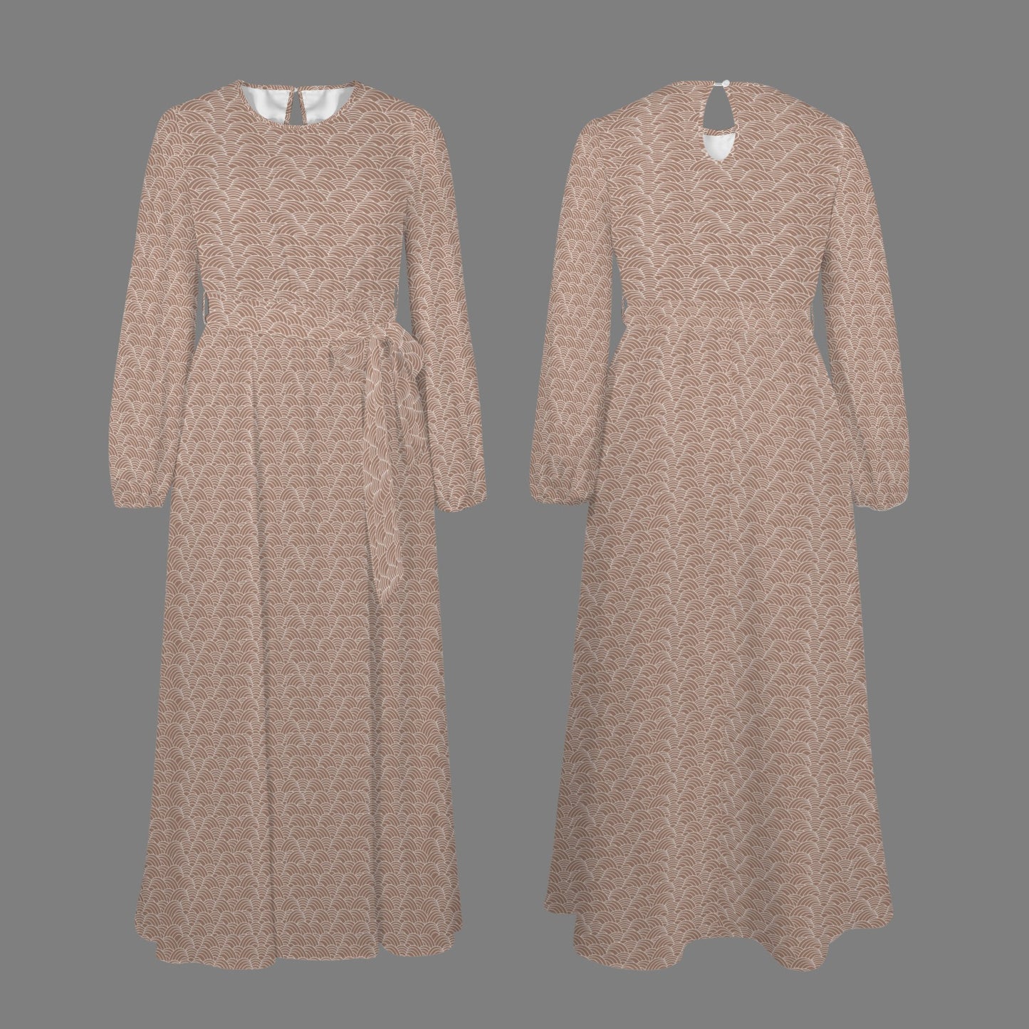 Light Beige Brown Scallop Print Long Sleeve Dress