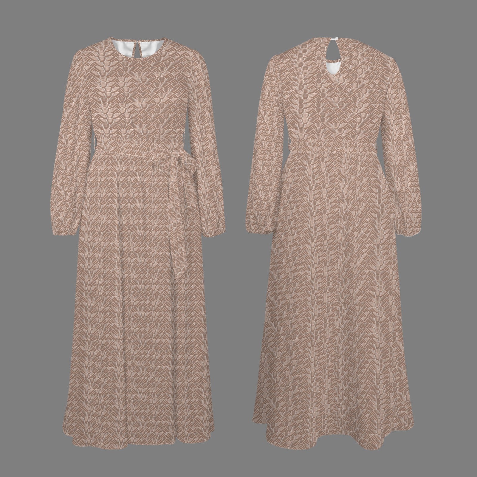 Light Beige Brown Scallop Print Long Sleeve Dress