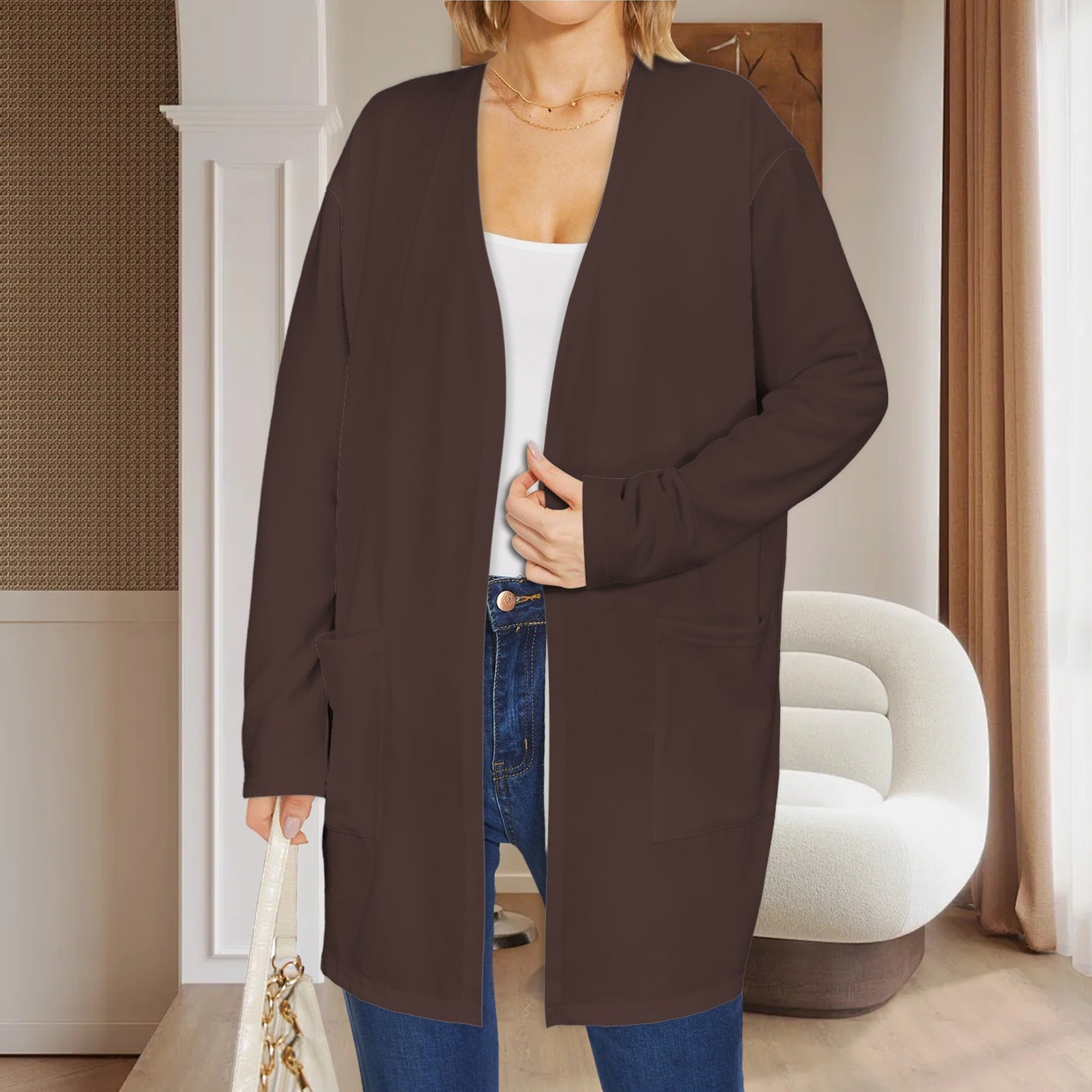 Long Sleeve Pocket Cardigan Dark Brown