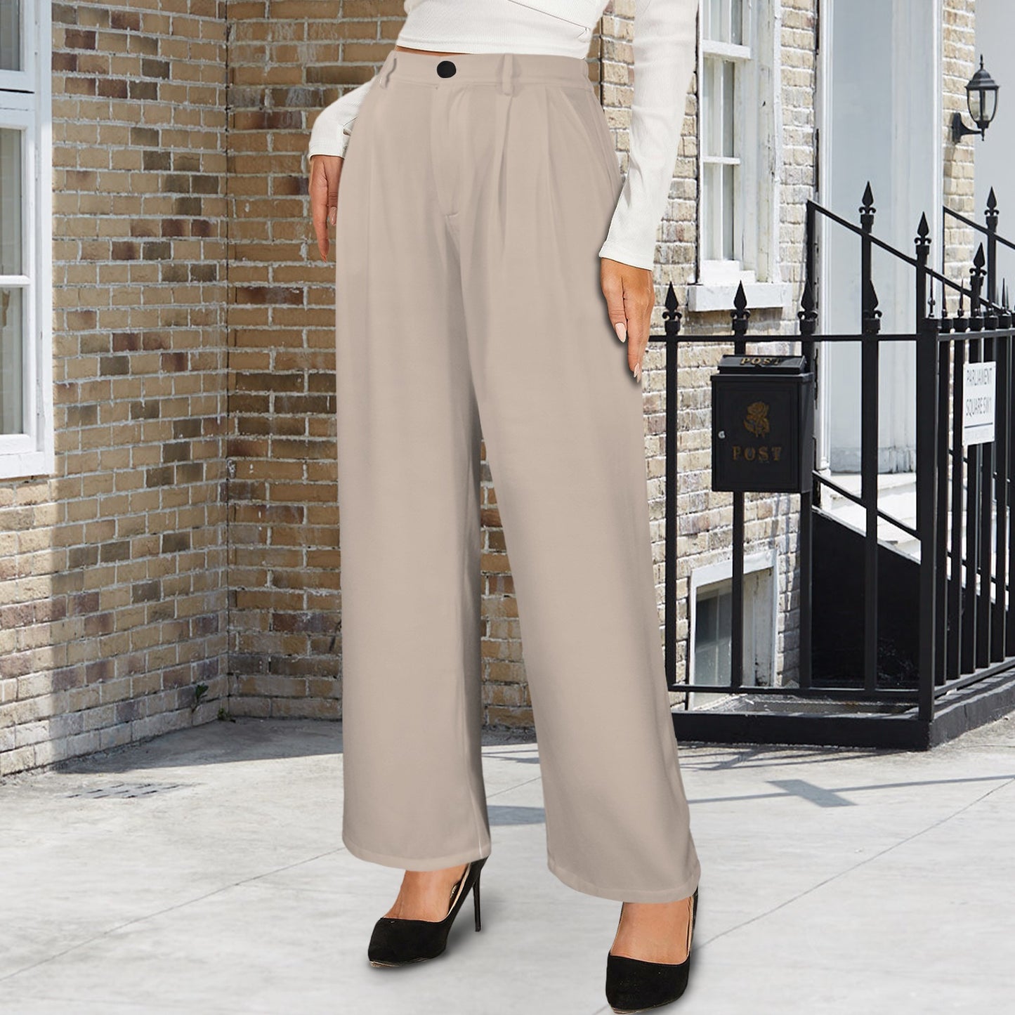 High Waist Long Straight Wide Leg Pants Beigy