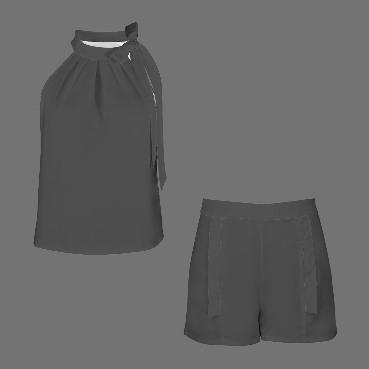 Charcoal Grey Hidden Zipper Shorts & Sleeveless Tied Neck Top Set