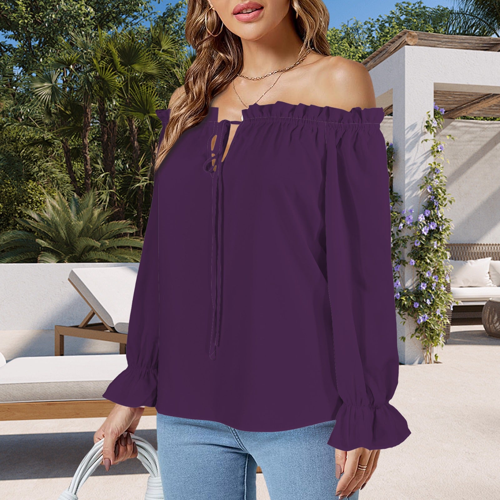 Off Shoulder Lantern Sleeve Ruffle Trim Blouse Flower Purple