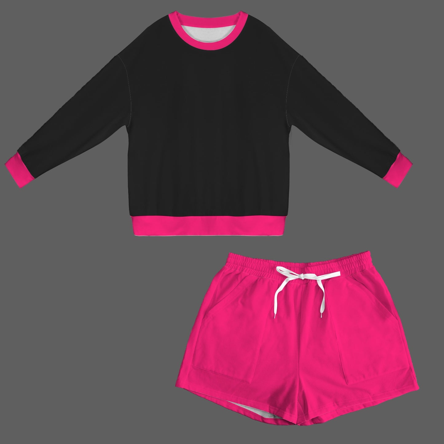 Magenta Black Long Sleeve Fleece Sweatshirt & Drawstring Shorts Set