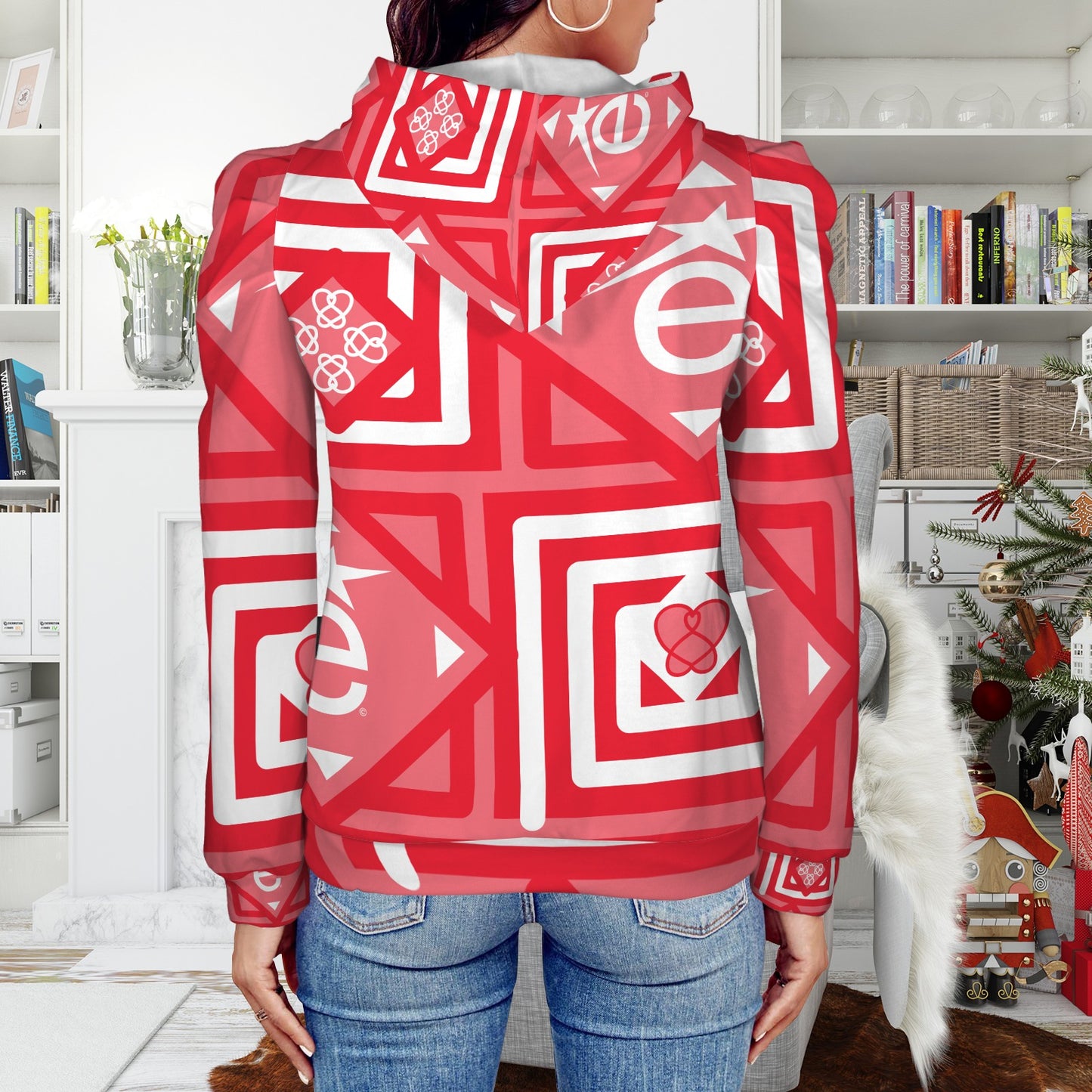 Pleated Puff Sleeve Hooded Fleece Sweatshirt Red White é Logo Art