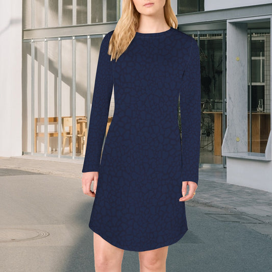 Casual Long Sleeve Dress Dark Blue Petal Print