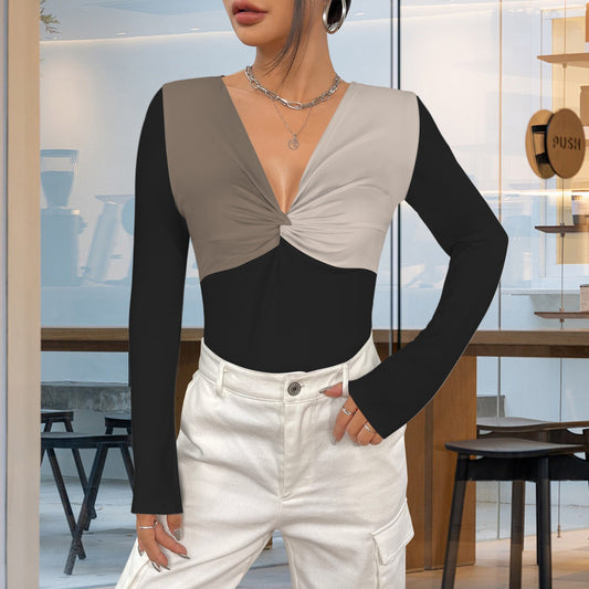 Taupe Neutral Black Twist V Neck Long Sleeve Slim Fit Top