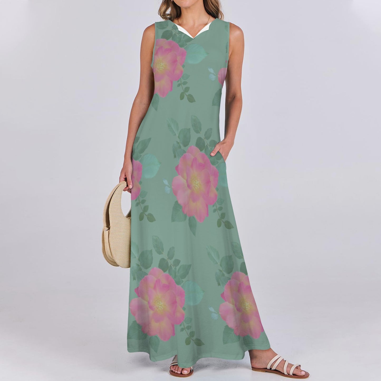 Sleeveless Maxi Dress Roses Dusted Green