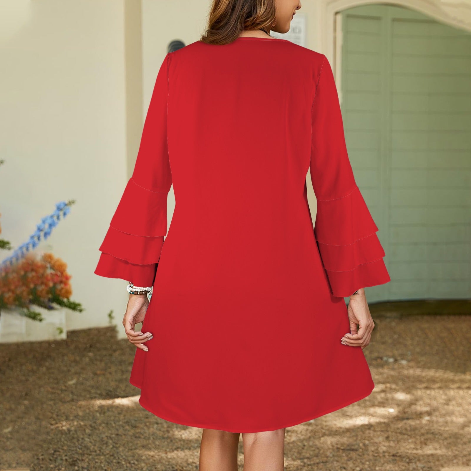 Red V Neck Layered Flared Sleeve Dress