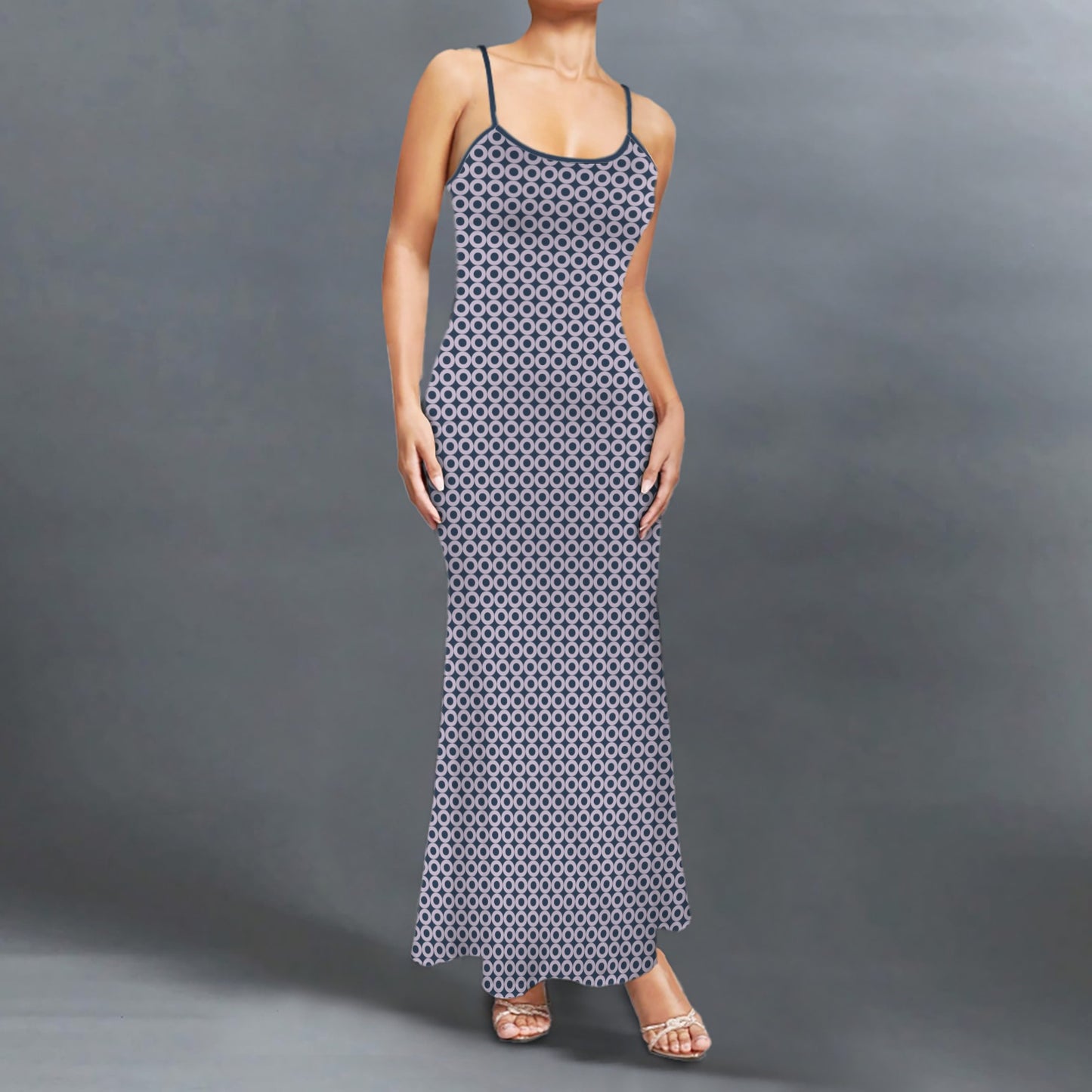 Casual Lounge Slip Maxi Dress Dark Blue Lavender Circle Geo