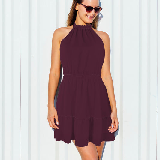 High Neck Sleeveless Off-shoulder Casual Dress Blackberry