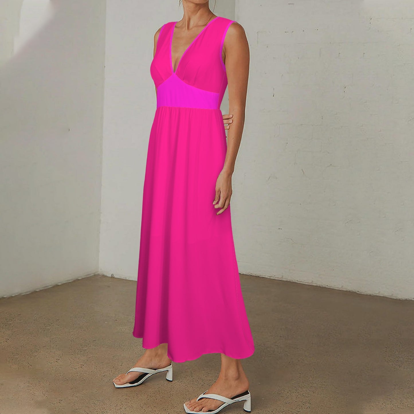 Deep V-Neck Sleeveless Hight Waisted Maxi Dress Rose