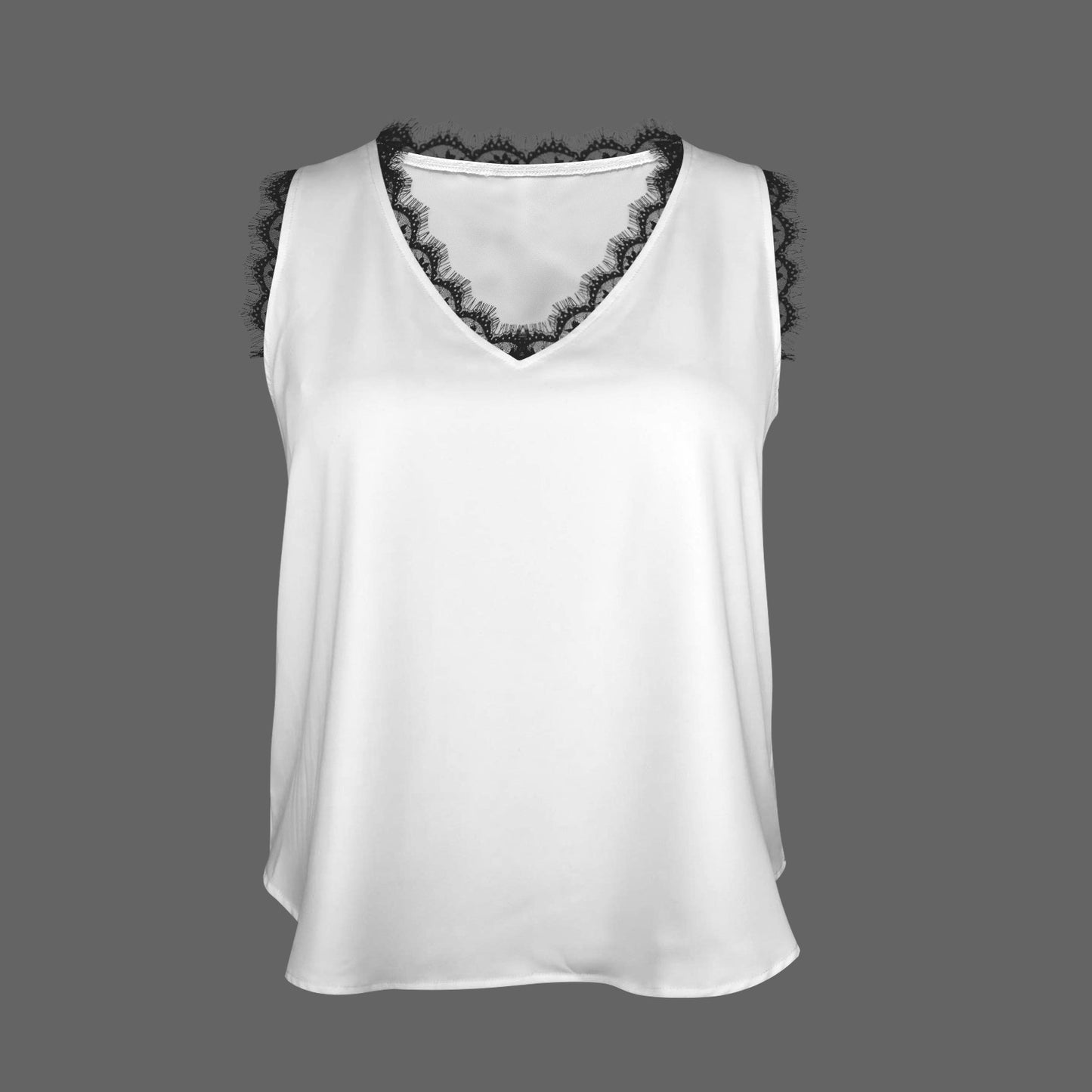 V-Neck Black Lace Trim Tank Top White