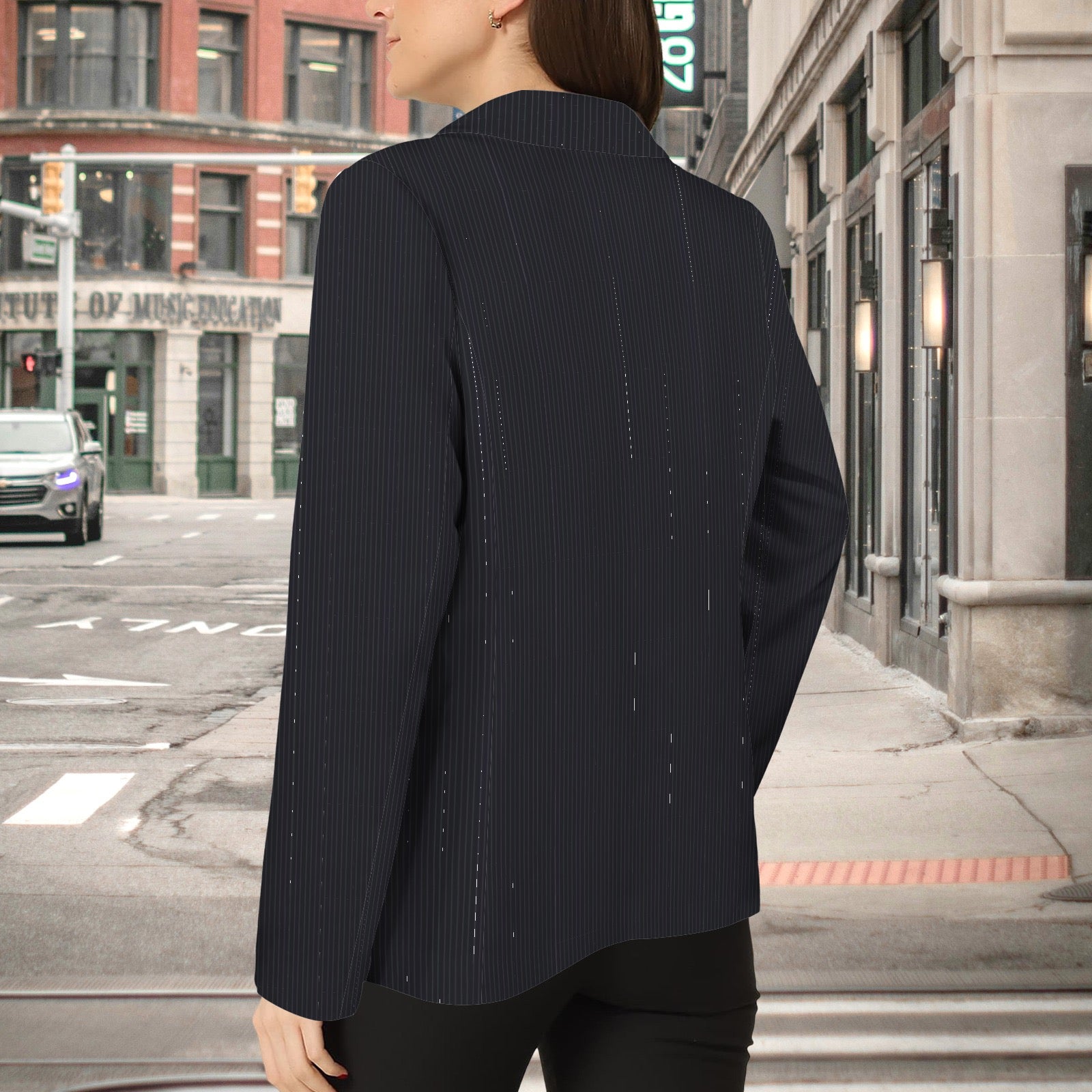 Open Front Casual Long Sleeve Blazer Midnight Pinstripe