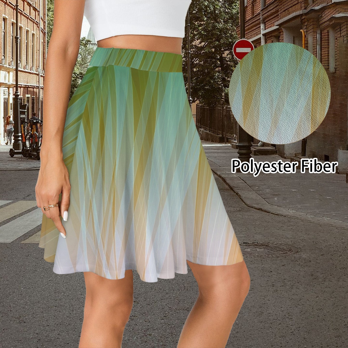 Elastic Waist Casual Flared Mini Skirt White Emerald Gold Gradient Glow