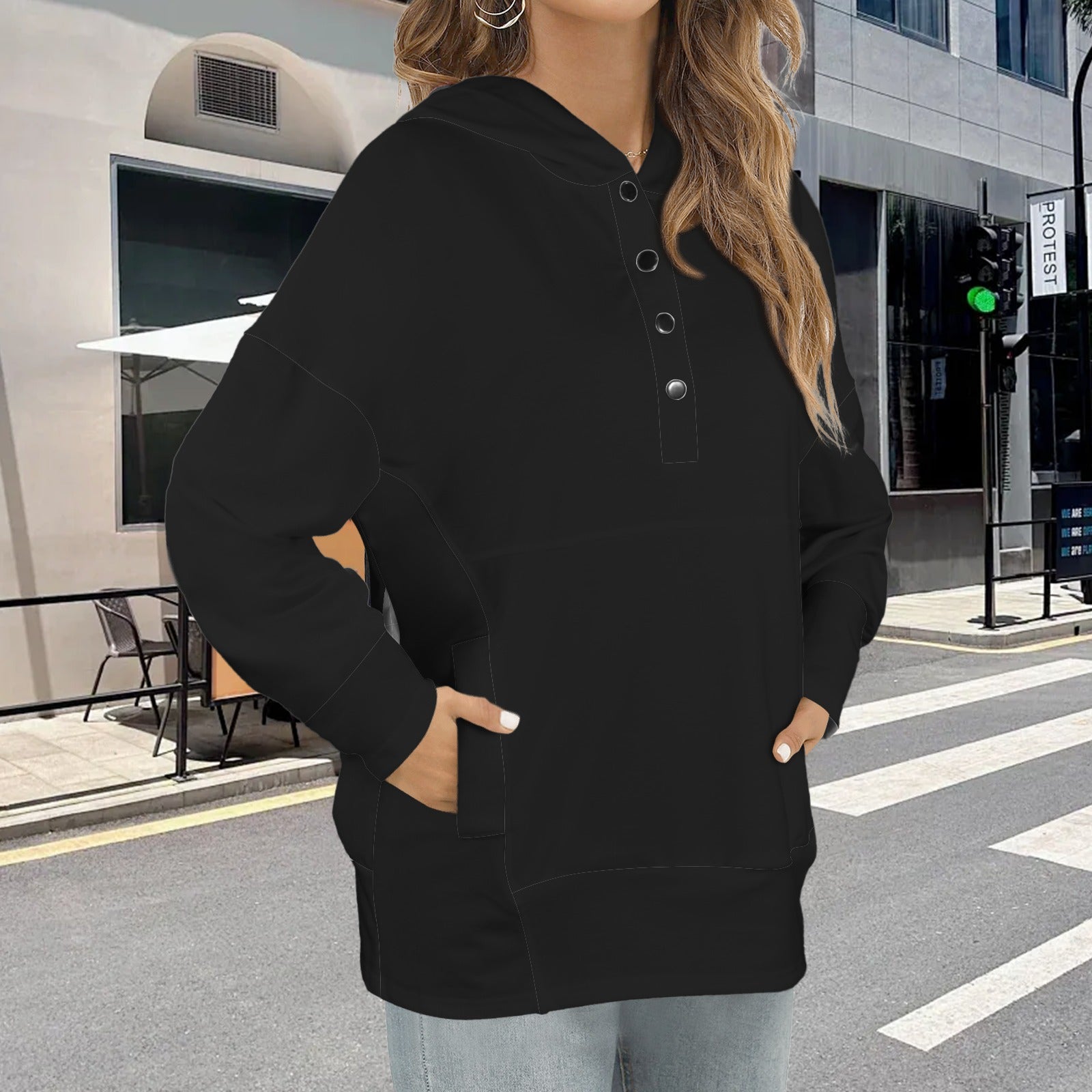 Button V Neck Pocket Hoodies Black