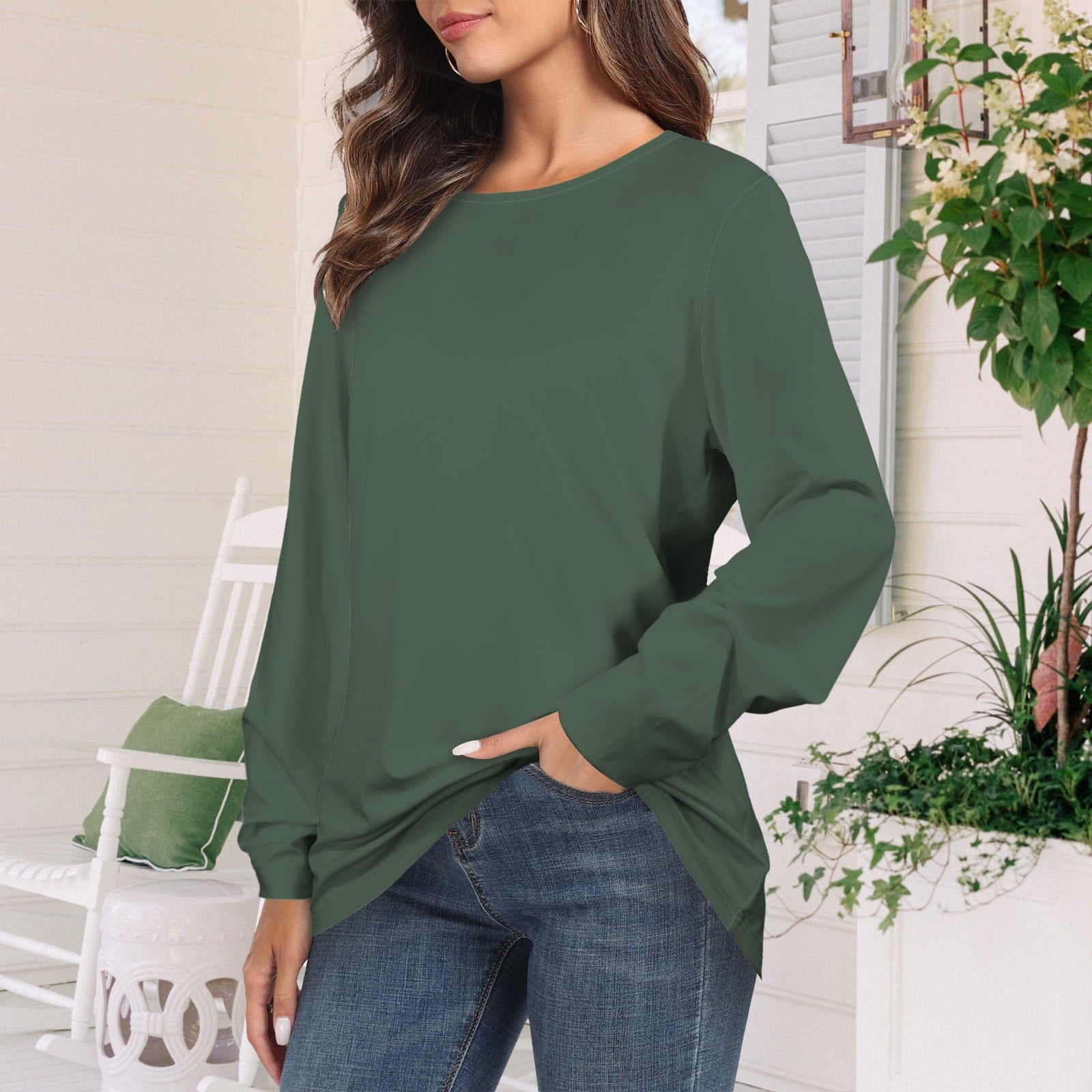 Long Sleeve Round Neck T Shirt Dark Olive