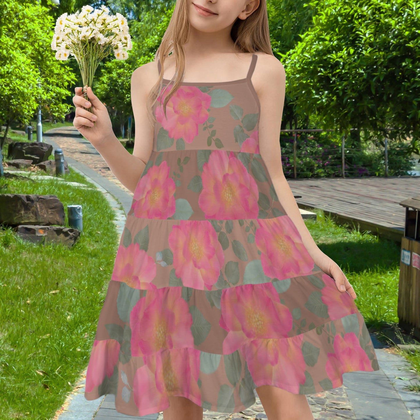 Spaghetti Strap Tiered Girls Dress Roses Beige Brown