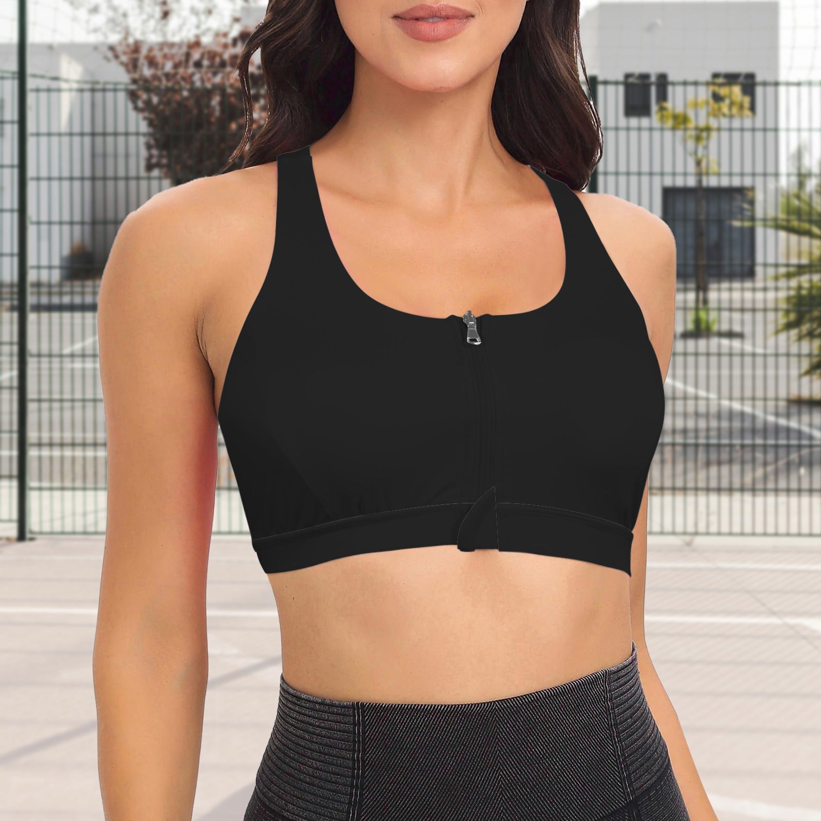 Zipper Front Cross Back Sports Bra Black