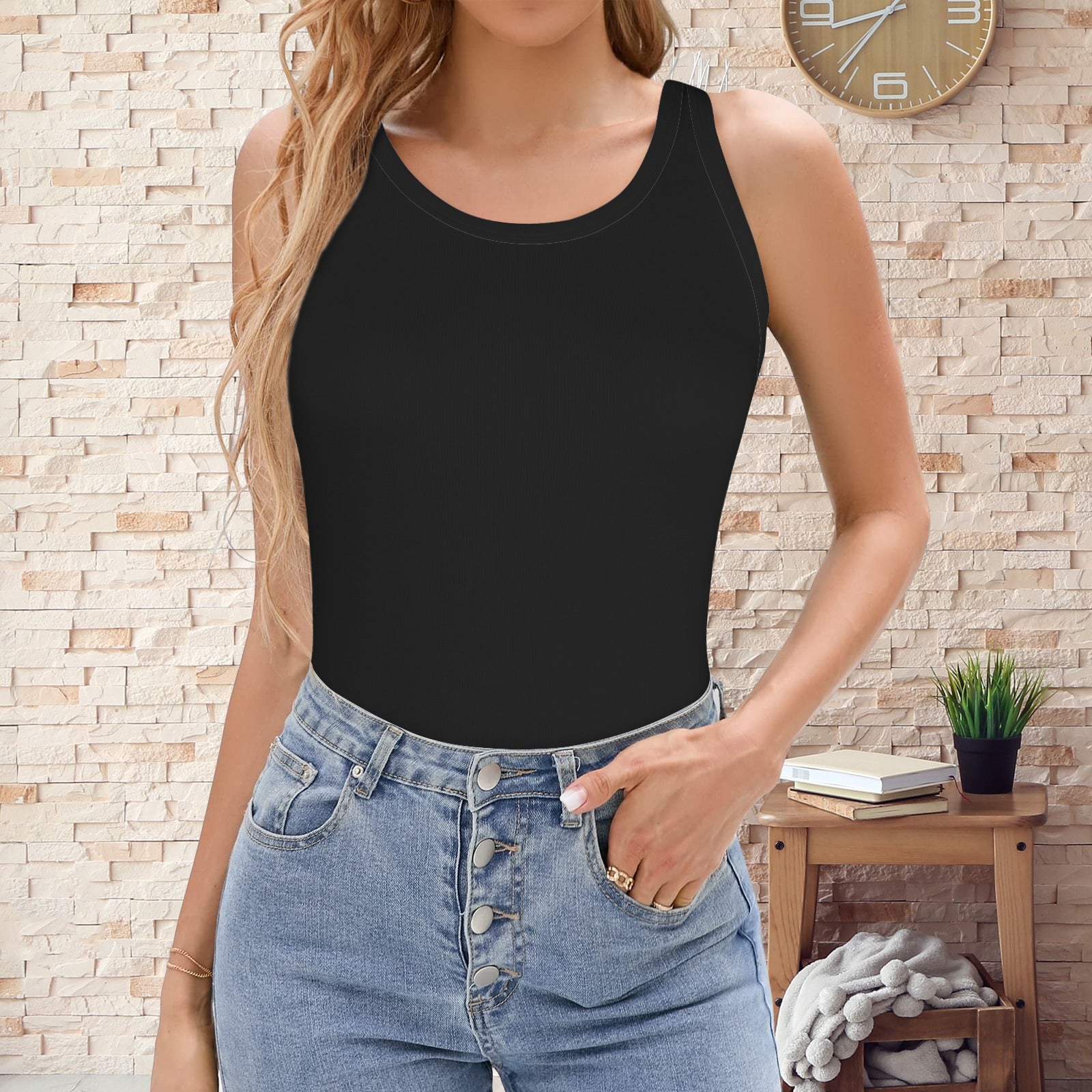 Solid Color Knitted Sleeveless Tank Top Black