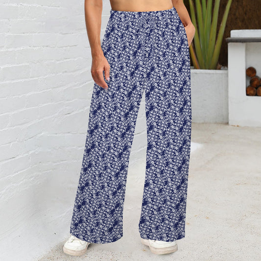 Floral Links Print White & Midnight Wide Leg Pants with Pockets