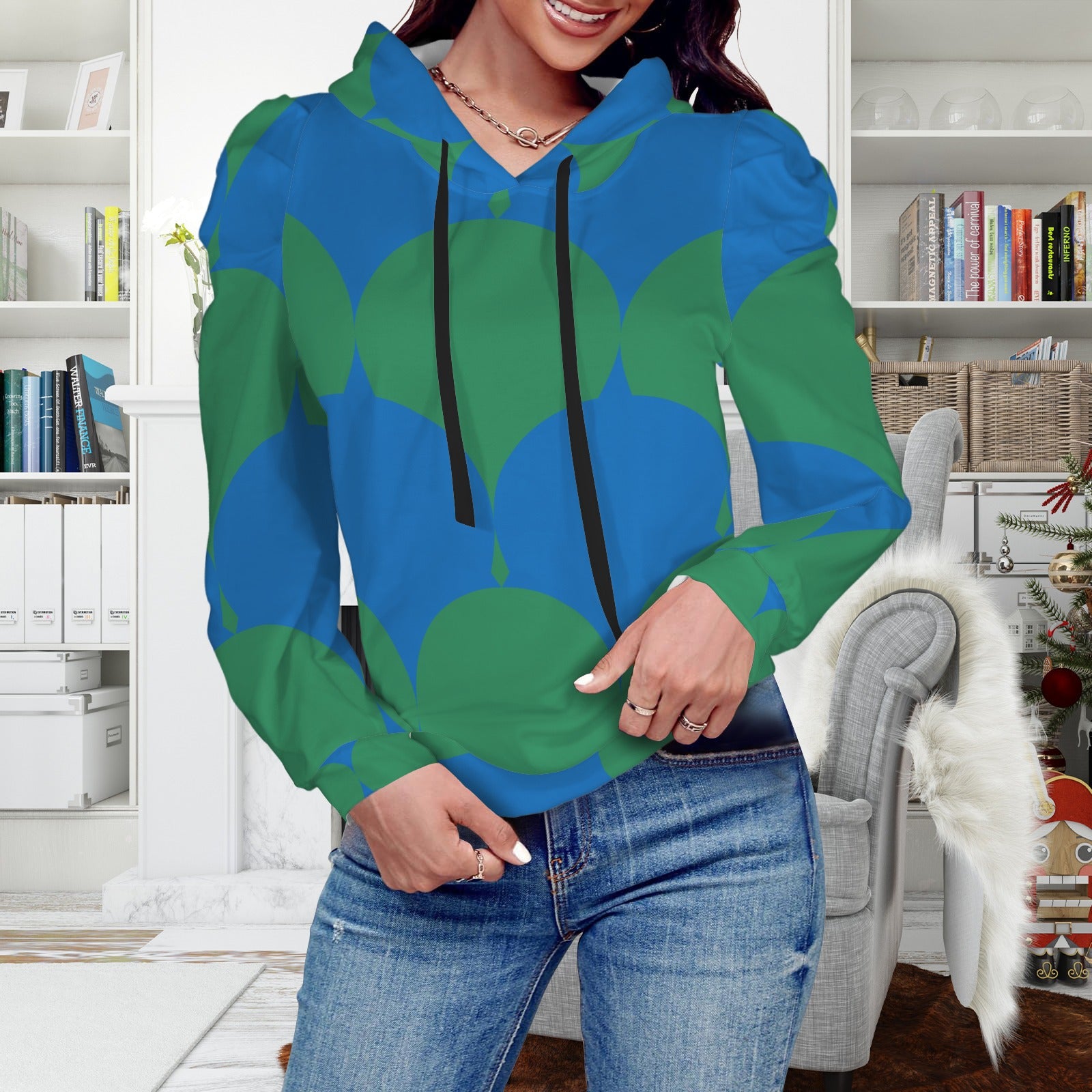 Pleated Puff Sleeve Hooded Fleece Sweatshirt Peacock Geo Print