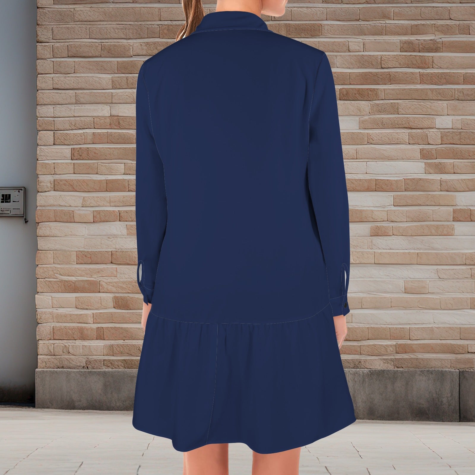 Night Blue Lapel Button Long Sleeve Pleated Shirt Dress