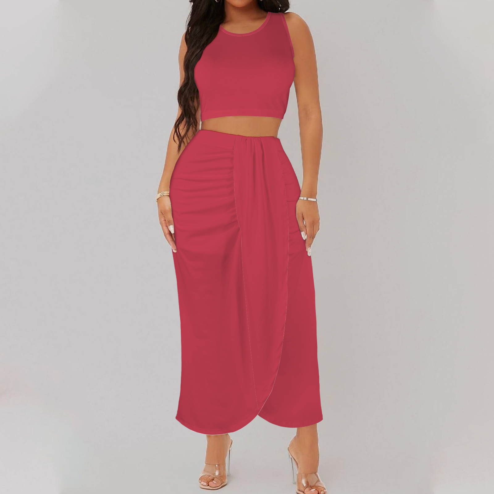 Rosy Coral Two Piece Skirt & Crop Tank Set