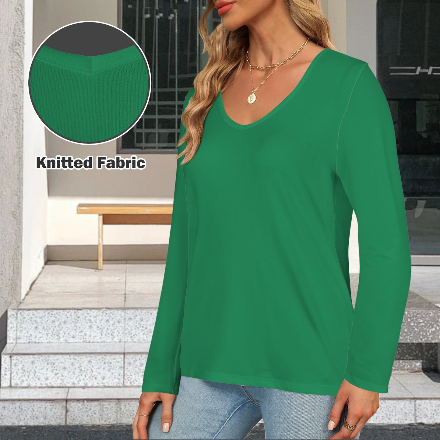 V Neck Long Sleeve Pullover Top Leaf