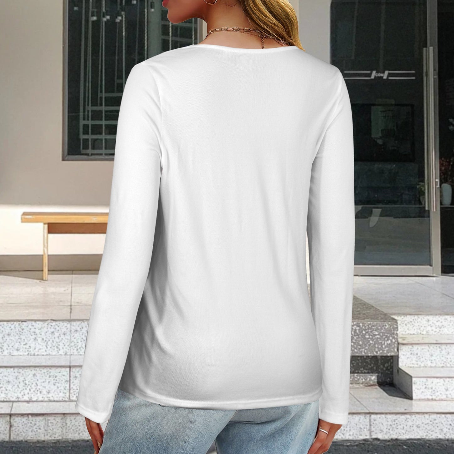 V Neck Long Sleeve Pullover Top White