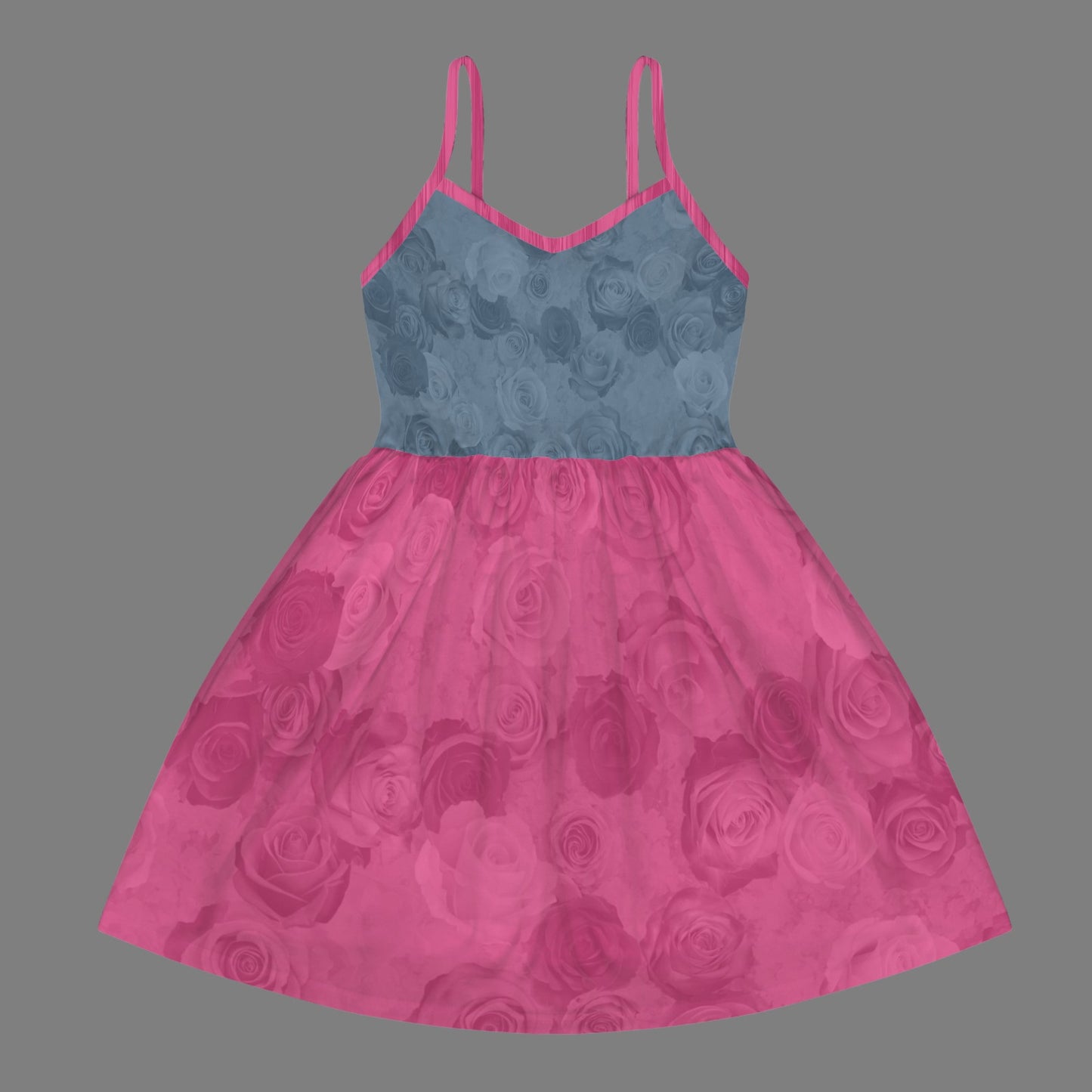 V-Neck Girls Cami Dress Blue Magenta Roses