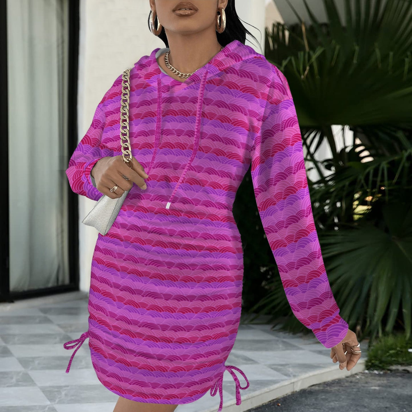 Fuchsia Scallop Print Hoodie Drawstring Sweatshirt Dress