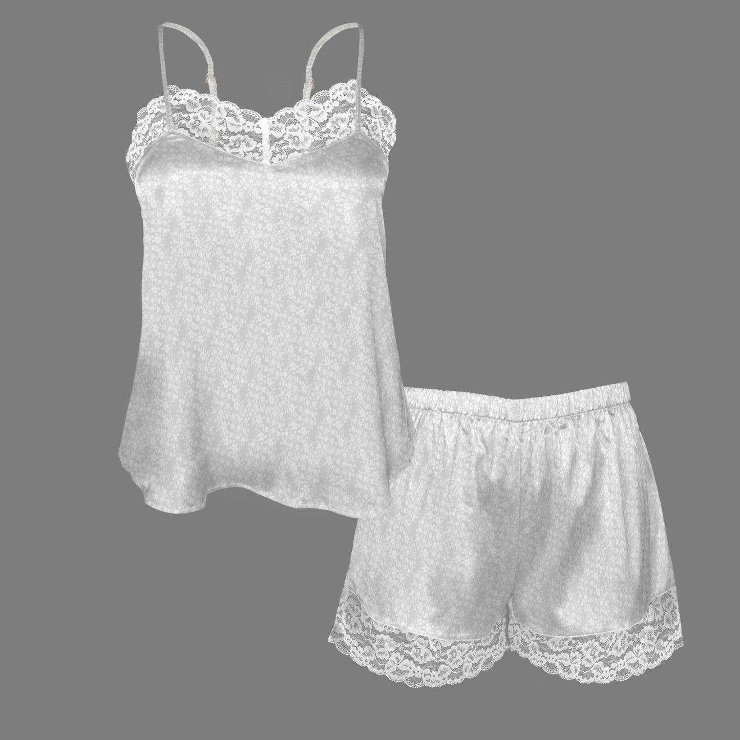 White & Light Grey Floral Print Lace Cami Pajama Shorts Set