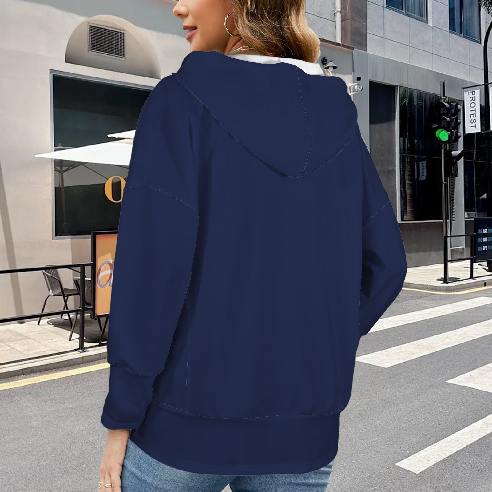 Button V Neck Pocket Hoodies Night Blue