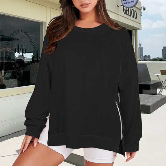 Side Zip Crew Neck Long Sleeve Sweatshirt Black