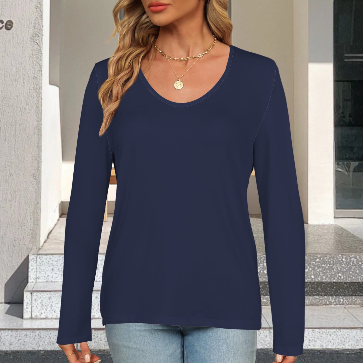 V Neck Long Sleeve Pullover Top Night