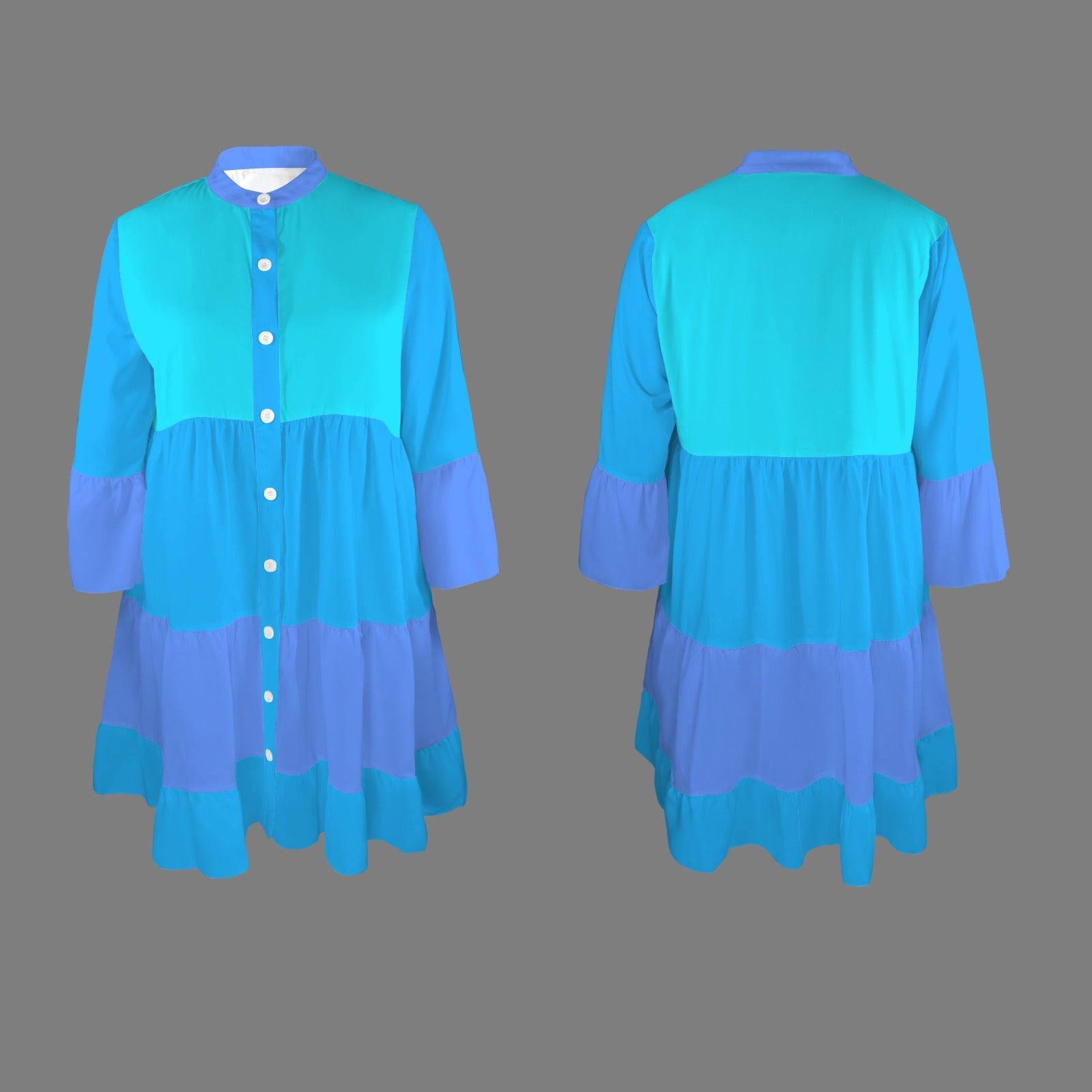 Flared Sleeve Button Tiered Shirt Dress Multi Blue