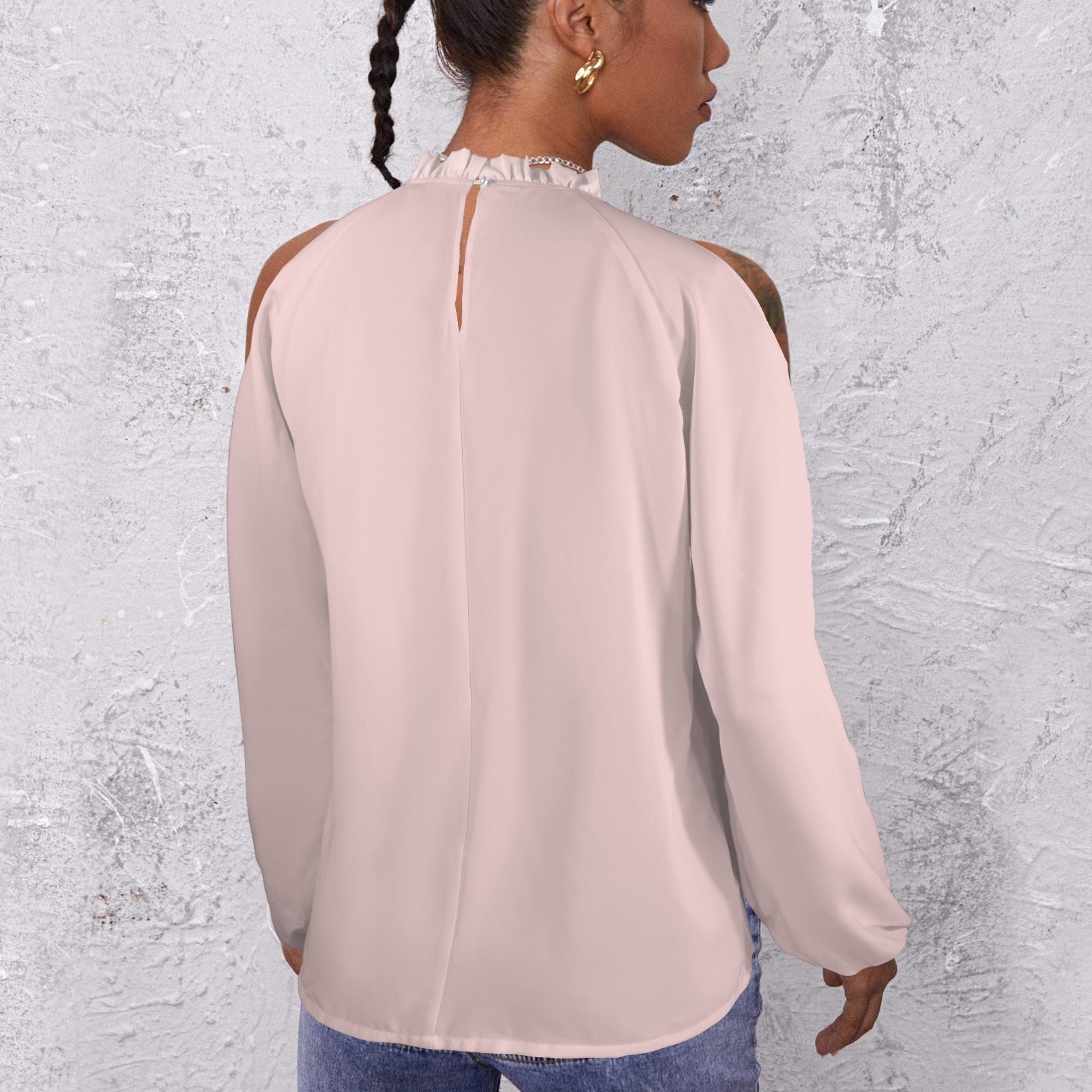 Lotus Leaf Round Neck Long Sleeve Pleated Off Shoulder Blouse Ballet Pinks