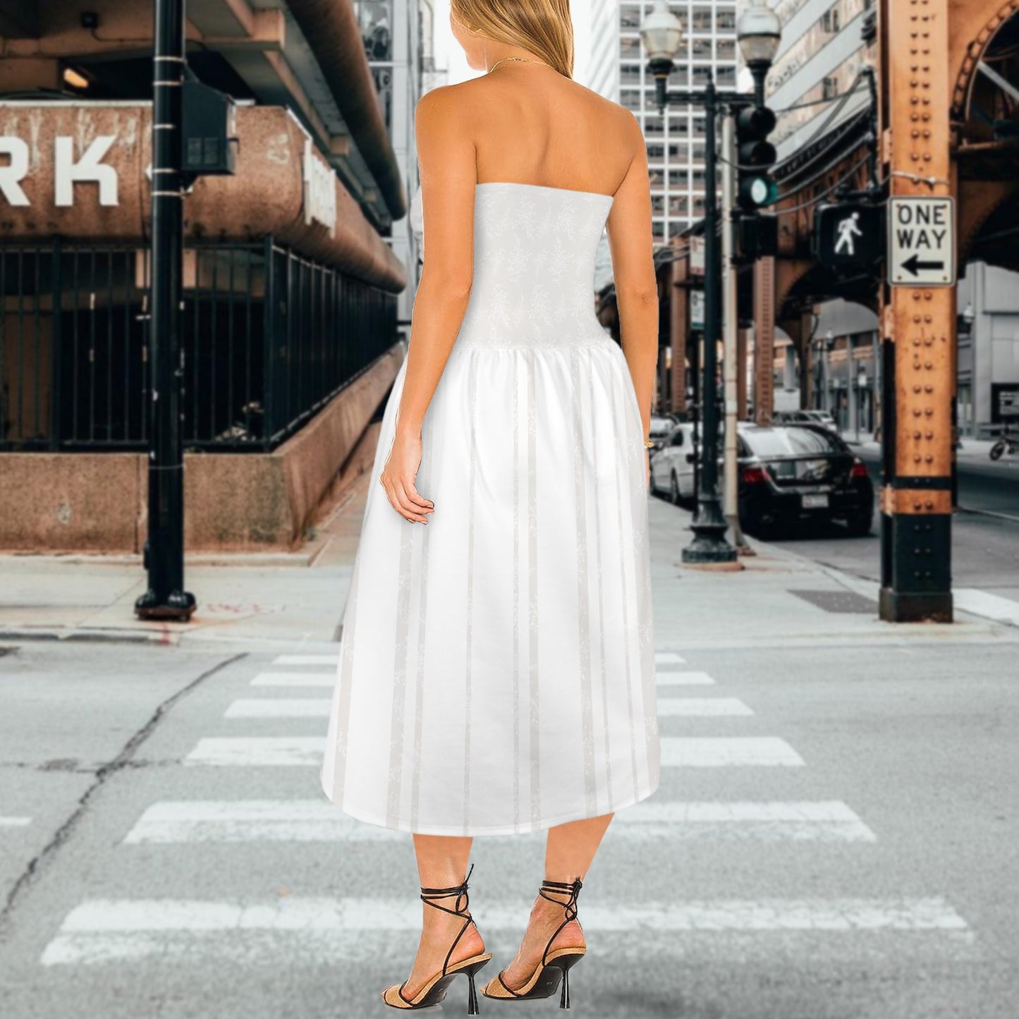 Tube Top Cinched Waist Fluffy Fairy Maxi Dress Natural Floral White Stripe