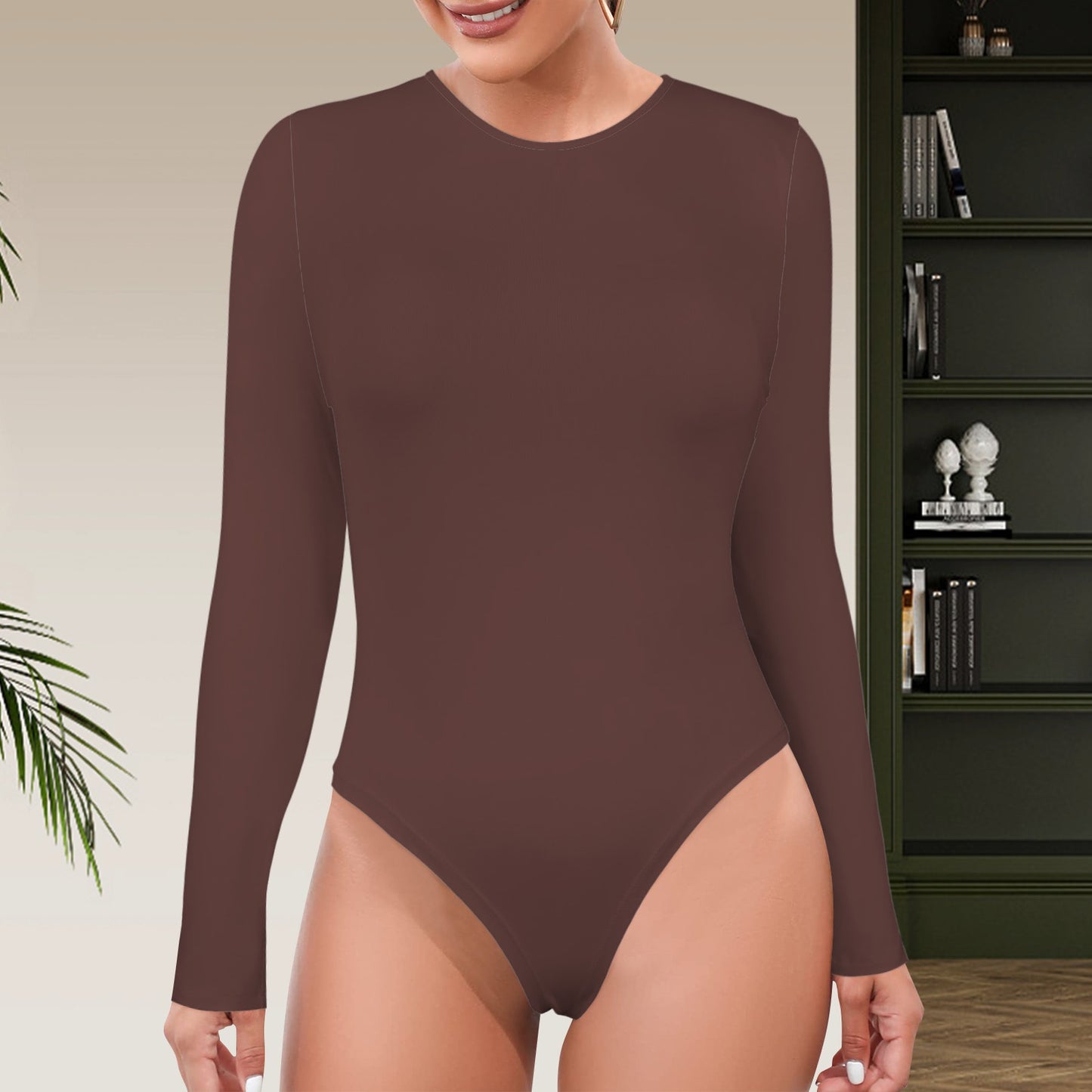 Round Neck Long Sleeve Bodysuit Brown