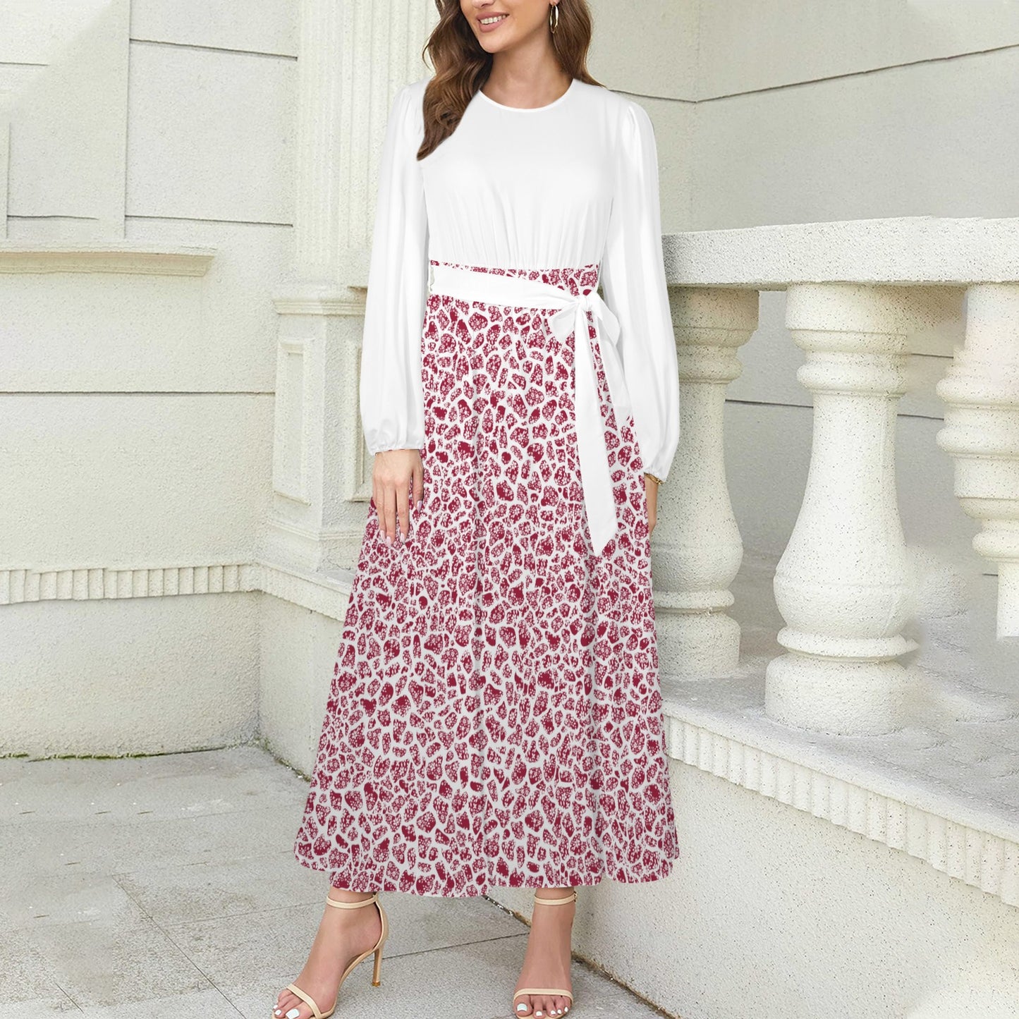 White & Red Floral & Petal Print Long Sleeve Belted Long Dress