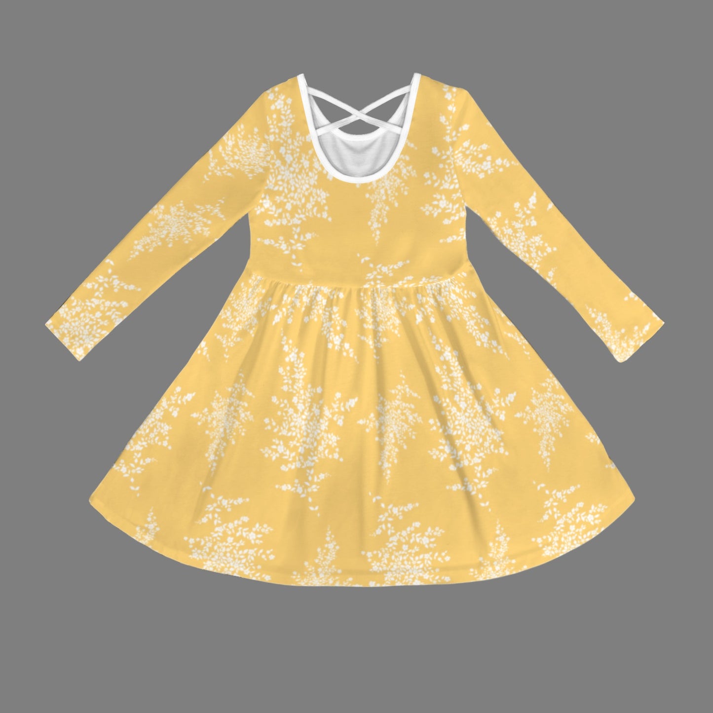 Long Sleeve Cross Back Girls Dress Yellow Floral