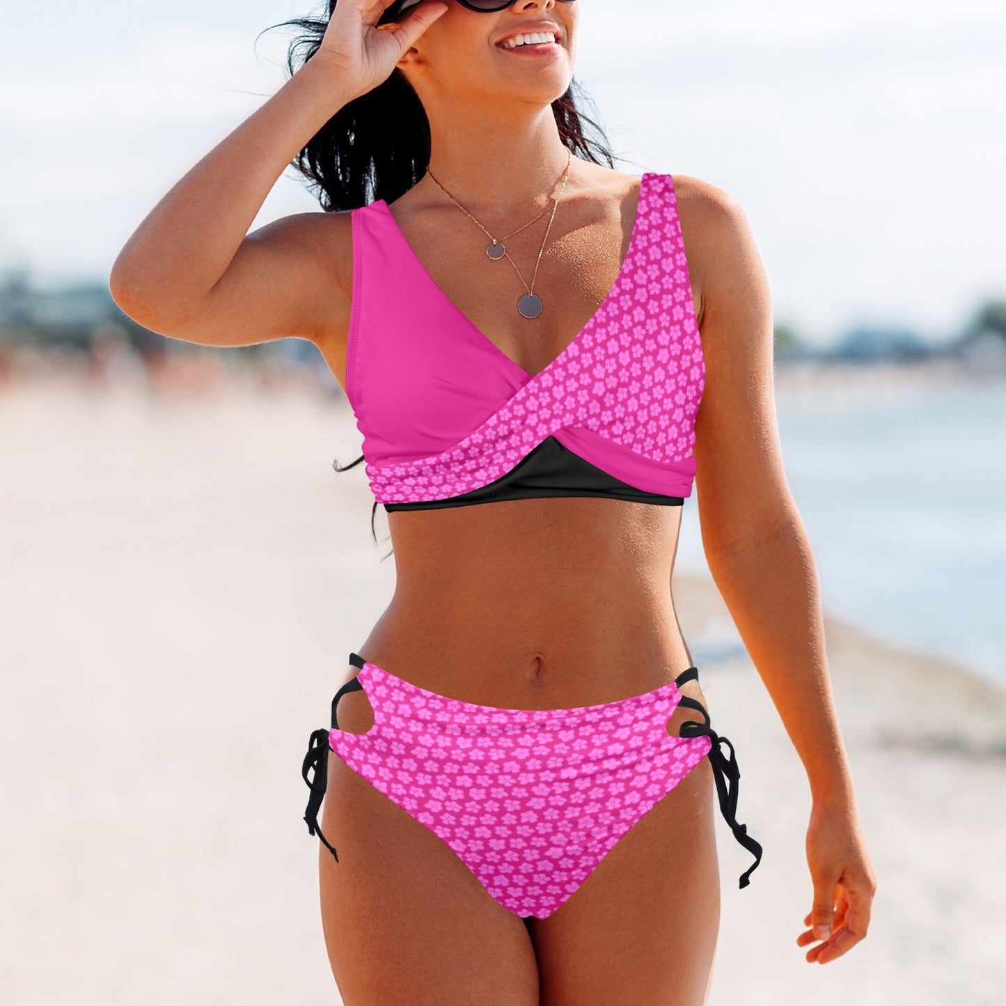 Flower Print Pink & Black Bikini