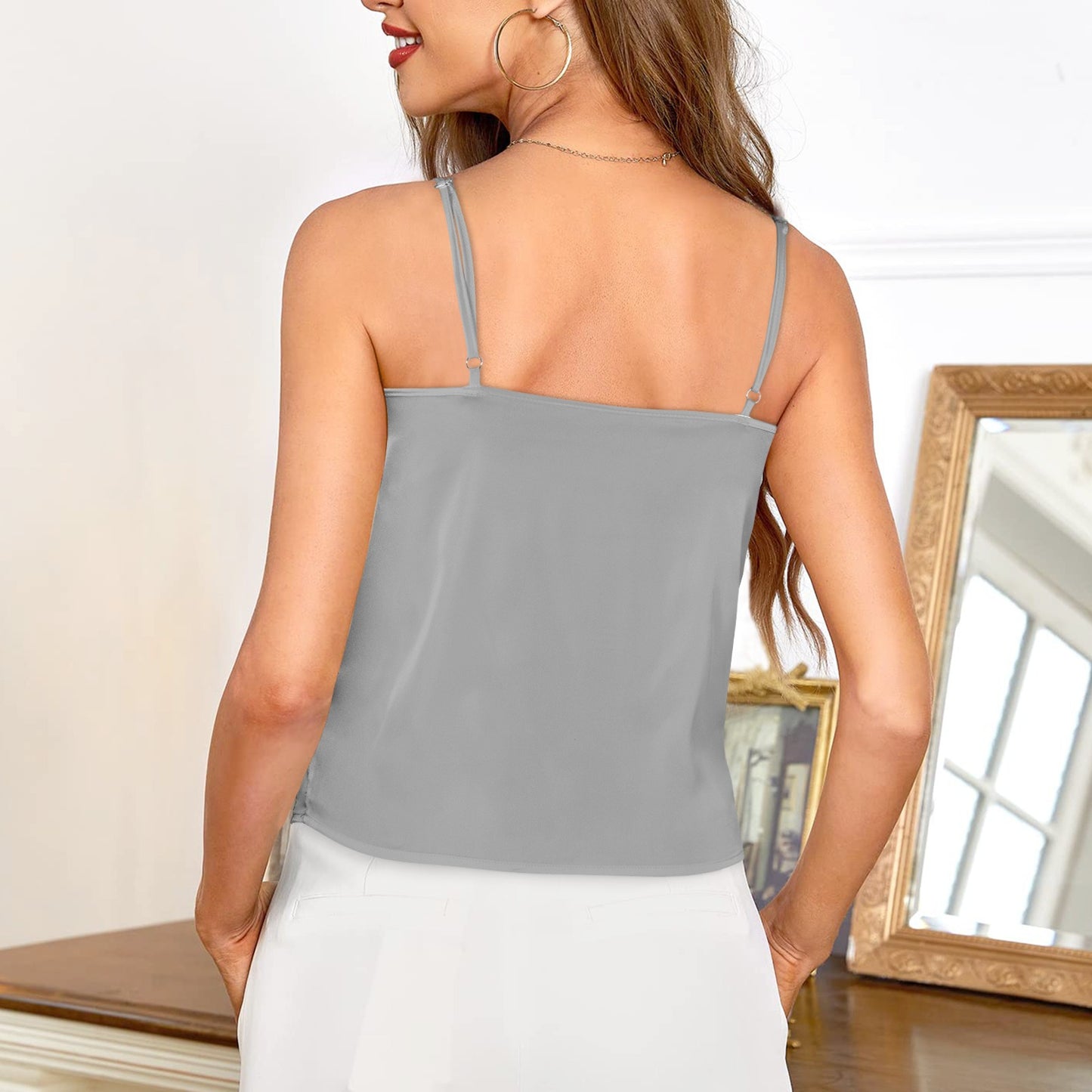 Grey Pearl Drop Neck Silky Satin-like Cami Top